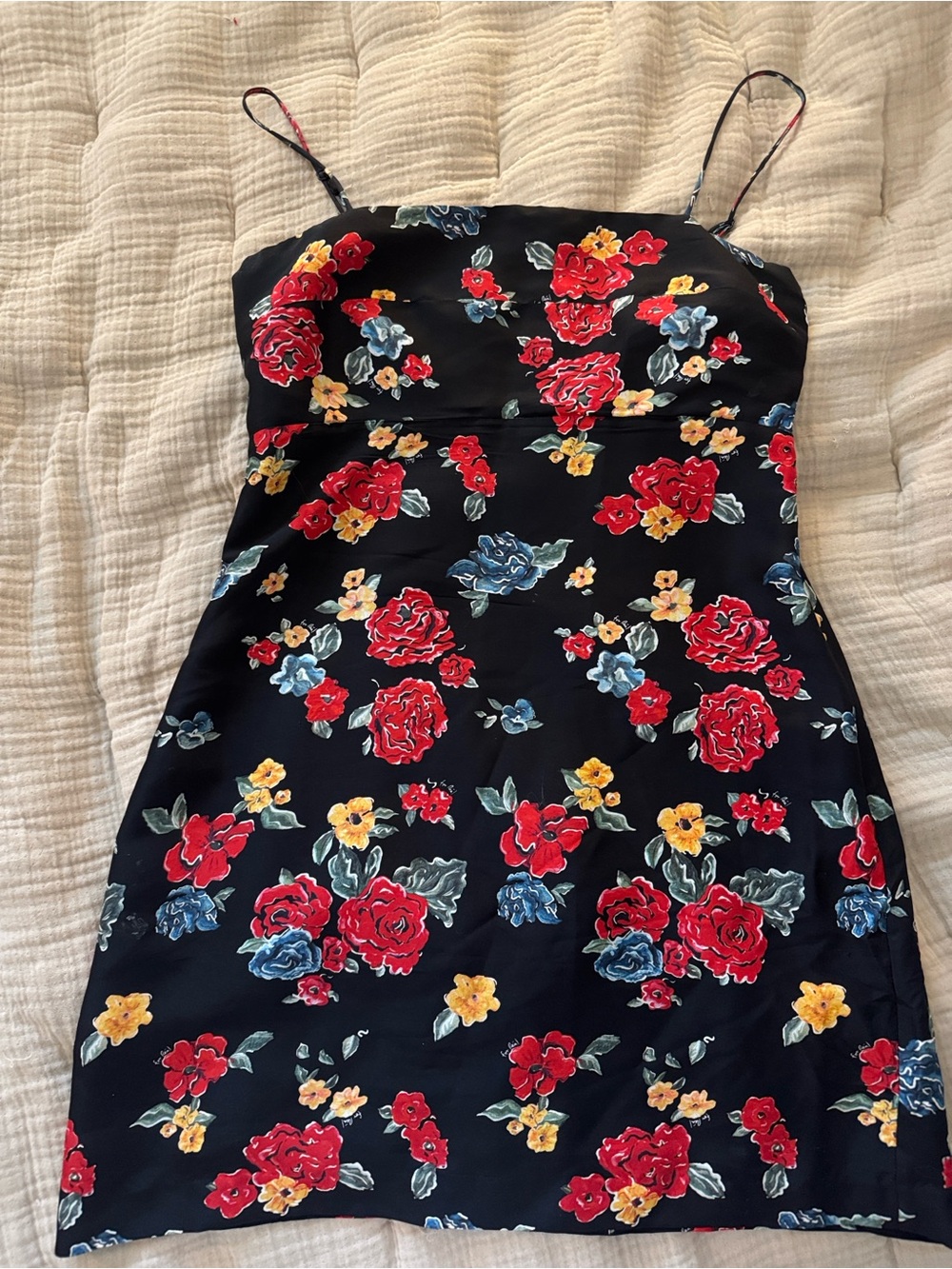 Realisation Par Black Mini Dress with Red, Yellow & Blue Floral Print